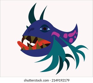 A blue fish with pink spots. This logotype can be used for fishing and fun business. Vector illustration, isolated. 