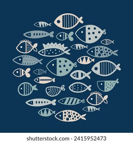 Blue fish. Postcartd. Cute illustration.