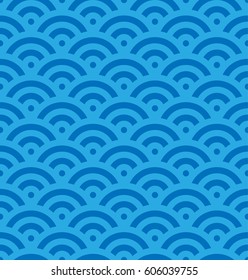 Blue fish scale background of concentric circles. Abstract seamless pattern looks like sea waves. Vector illustration.