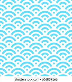 Blue fish scale background of concentric circles. Abstract seamless pattern looks like sea waves. Vector illustration.