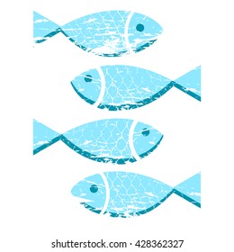 Blue Fish with scale texture. Vintage seafood logo labels. Sea food print design. Vector Illustration