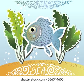 A blue fish in the sea. Vector cartoon pictures with lace logo. World Environment Day