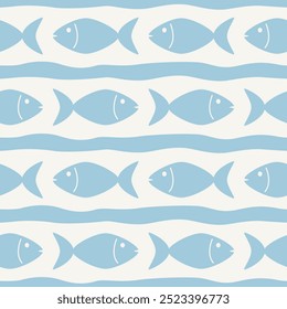 Blue fish and sea ​​waves vector seamless pattern. Summer vacation, tourism, outdoor activities for swimwear, fabric, wrapping, textile, wallpaper, card, paper gift, phone cases, stationery.