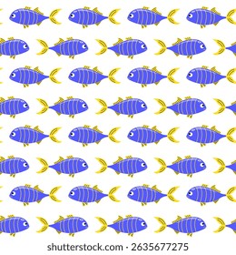Blue fish seamless pattern with yellow tail. Sea life.
