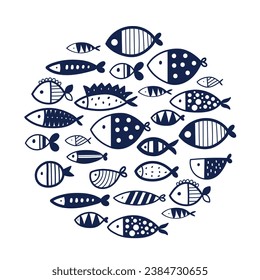 Blue fish. Set. Cute illustration.