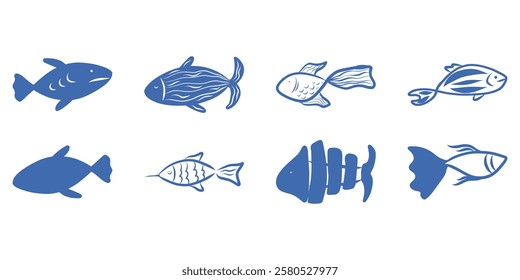 Blue fish set, mediterranean fish doodle drawings