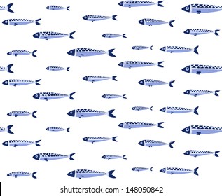 Blue Fish Shoal Seamless Pattern. Herring Shoal Pattern. Vector EPS8. Use Any Background Color.