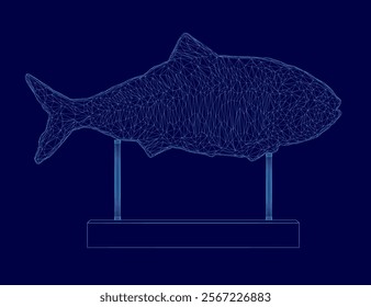 Blue fish is shown in a blue background. The fish is made of a series of dots, giving it a 3D appearance. Concept of depth and movement, as if the fish is swimming through the water