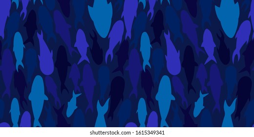 blue fish silhouettes pattern Seamless pattern with a school of fish. Wallpapers with silhouettes of small fish. Texture with marine life