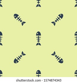 Blue Fish skeleton icon isolated seamless pattern on yellow background. Fish bone sign.  Vector Illustration