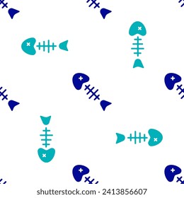 Blue Fish skeleton icon isolated seamless pattern on white background. Fish bone sign.  Vector
