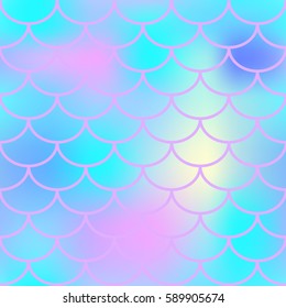 Blue fish skin with scale pattern. Mermaid vector background. Fish scale seamless pattern in aqua blue color. Candy colored mermaid tail backdrop. Marshmallow color mix. Marine seamless pattern tile