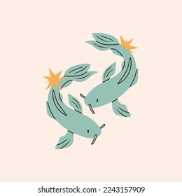 Blue Fish with stars. Colorful simple isolated icon. Logo, print template. Seafood restaurant concept. Pisces constellation zodiac sign. Hand drawn Vector illustration