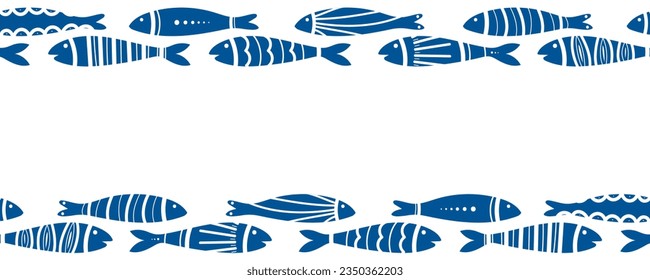 Blue fish swimming vector seamless border. Shoal of fishes isolated on white. Tiling fish pattern. Hand drawn marine illustrations of fish and sea elements. Summer sea beach style