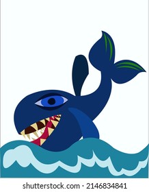 Un pez azul nadando en las olas de un océano. Esta ilustración puede utilizarse como concepto para materiales publicitarios, por ejemplo, tarjetas o carteles. Vector, aislado.
