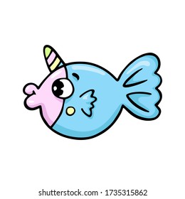 blue fish unicorn, vector illustration isolated on white background