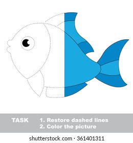 Blue fish in vector colorful to be traced. Restore dashed line and color the picture. Worksheet to be colored.