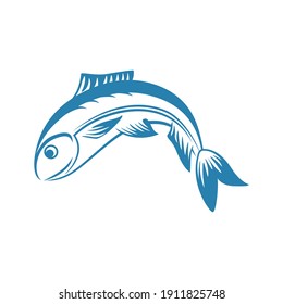 Blue fish vector line illustration isolated on white background. Fishing sport or fish store logotype element. Fresh fish icon. Sport hobby, summer fishing vacation on lake or sea.