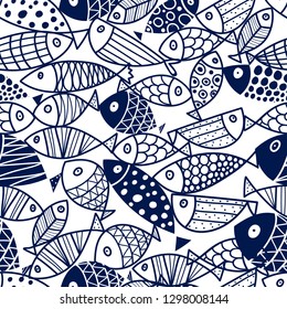 Blue Fish Vector Seamless Pattern.