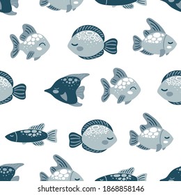 Blue fish. Vector seamless pattern. Childish texture for fabric, textile, wrapping paper. Kids background. Vector illustration. Child drawing style cartoon baby animals underwater illustration.