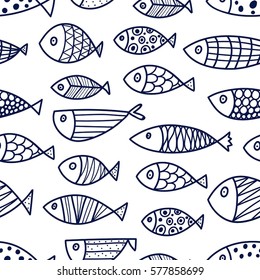 Blue Fish. Vector Seamless Pattern.