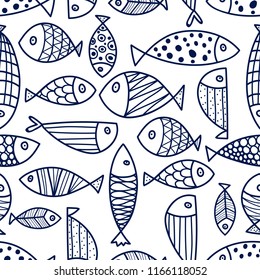 Blue fish. Vector seamless pattern.Endless pattern can be used for ceramic tile, wallpaper, linoleum, textile, web page background.