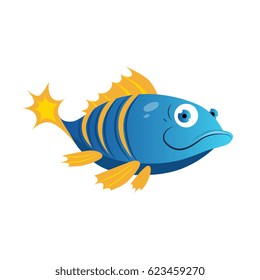 Blue fish with yellow stripes. Sea, tropical, aquarium fish. Colorful cartoon character