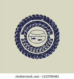 Blue fishbowl with fish icon inside distress grunge stamp