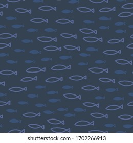Peces azules.Un patrón impecable. Ilustración infantil bajo el mar creativa. Fondo azul oscuro.