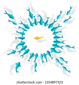 A lot of blue fishes gathered around a yellow fish in a circle, concept: leadership, leaders listen, vector illustration on a white isolated background