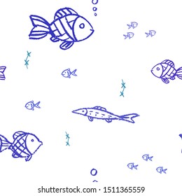 Blue fishes and green-blue water plants on white background. Vector wax crayon strokes pattern.