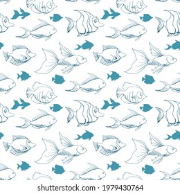 Blue fishes outline seamless pattern on white background. Exotic ocean surface pattern design. Marine animals silhouette endless texture. School of fish boundless background. Sea life editable tile.