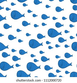 Blue fishes seamless pattern. Vector Pattern with silhouettes of underwater Sea Fish, Contemporary Background and print, Cloth design for Kids