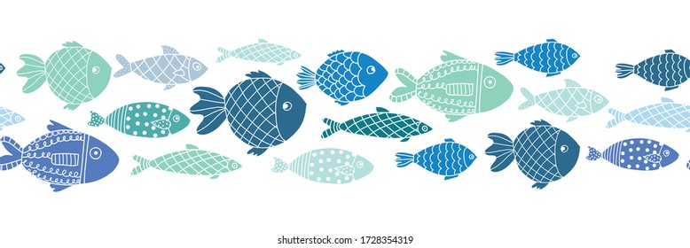 Blue fishes seamless vector border. Doodle line art ocean animal repeating pattern. 