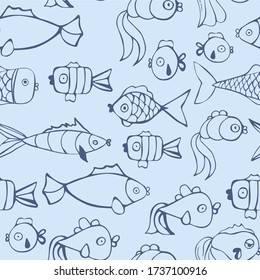 Blue fishes vector seamless pattern. Beautiful handcrafted ocean texture. Creative wallpaper design with little fish. graphic design for paper, textile print, page fill.