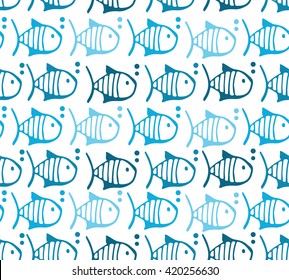 Blue fishes vector seamless pattern for kids on white background. Circle, bubbles. Fish for fabric, baby clothes. Doodles texture for design Boy blue pattern wrapping wallpaper. Fishes pattern. Fish.