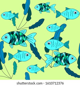Blue fishes with water plants on green-yellow background. Seamless pattern. Vector graphics.