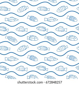 Blue fishes and waves on white background. Seamless pattern. Vector image.