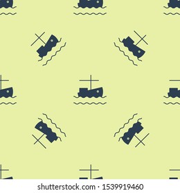 Blue Fishing boat on water icon isolated seamless pattern on yellow background.  Vector Illustration