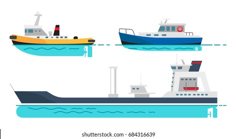 Blue Fishing Boat, Small Steamer And Large Cargo Ship With Spacious Deck On Water Surface Isolated Vector Illustrations Set On White Background.