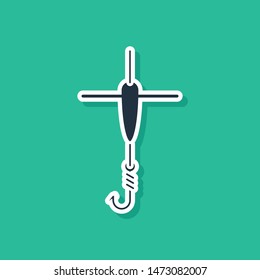 Blue Fishing hook and float icon isolated on green background. Fishing tackle.  Vector Illustration