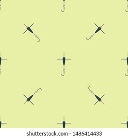 Blue Fishing hook and float icon isolated seamless pattern on yellow background. Fishing tackle.  Vector Illustration
