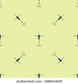 Blue Fishing hook and float icon isolated seamless pattern on yellow background. Fishing tackle.  Vector Illustration