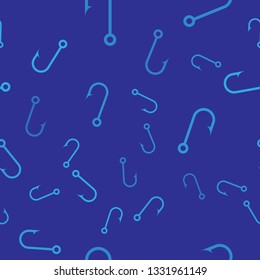 Blue Fishing hook icon isolated seamless pattern on blue background. Vector Illustration