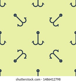 Blue Fishing hook icon isolated seamless pattern on yellow background. Fishing tackle.  Vector Illustration