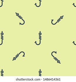 Blue Fishing hook icon isolated seamless pattern on yellow background. Fishing tackle.  Vector Illustration