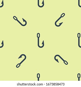 Blue Fishing hook icon isolated seamless pattern on yellow background. Fishing tackle.  Vector Illustration