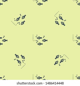 Blue Fishing hook under water with fish icon isolated seamless pattern on yellow background. Fishing tackle.  Vector Illustration