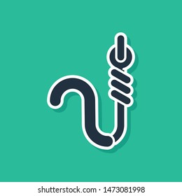 Blue Fishing hook and worm icon isolated on green background. Fishing tackle.  Vector Illustration