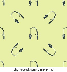 Blue Fishing rod and fish icon isolated seamless pattern on yellow background. Fishing equipment and fish farming topics.  Vector Illustration